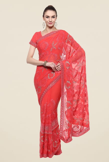 Triveni Coral Embroidered Chiffon Saree Triveni Coral Embroidered Chiffon Saree