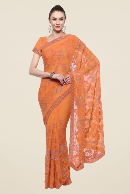 Triveni Orange Embroidered Chiffon Saree Triveni Orange Embroidered Chiffon Saree