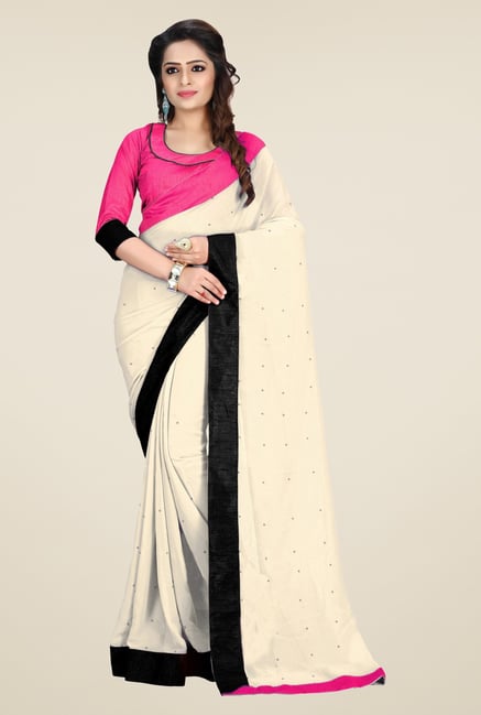 Triveni Off White Solid Faux Georgette Saree Triveni Off White Solid Faux Georgette Saree