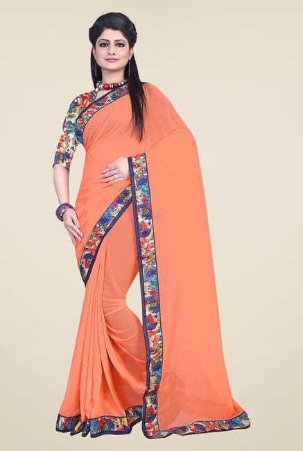 Triveni Peach Solid Faux Georgette Saree Triveni Peach Solid Faux Georgette Saree