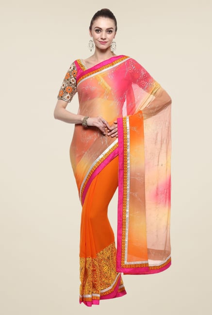 Triveni Orange Printed Faux Georgette Dry Clean Saree Triveni Orange Printed Faux Georgette Dry Clean Saree