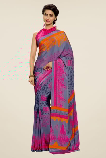 Triveni Grey Printed Silk Crepe Saree Triveni Grey Printed Silk Crepe Saree