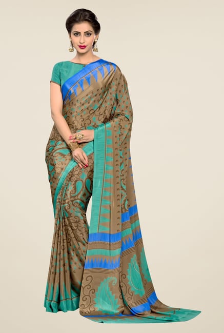 Triveni Beige Printed Silk Crepe Saree Triveni Beige Printed Silk Crepe Saree
