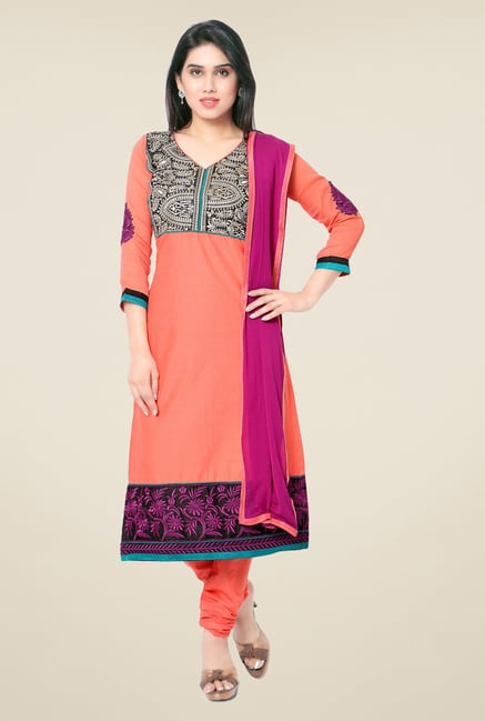 Triveni Orange Embroidered Cotton Dress Material Triveni Orange Embroidered Cotton Dress Material