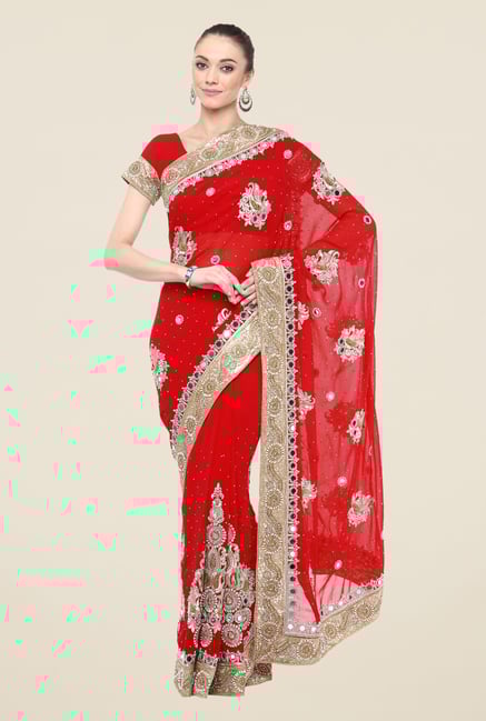 Triveni Red Printed Faux Georgette Free Size Saree Triveni Red Printed Faux Georgette Free Size Saree