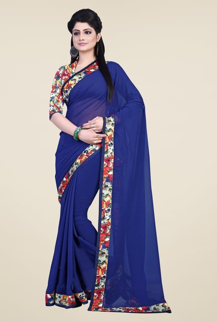 Triveni Blue Solid Faux Georgette Saree Triveni Blue Solid Faux Georgette Saree