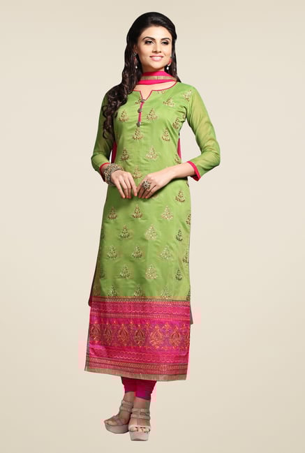 Triveni Green & Pink Embroidered Dress Material Triveni Green & Pink Embroidered Dress Material