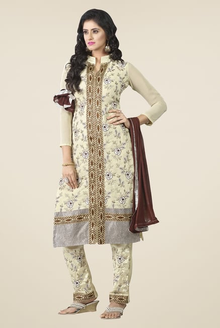 Triveni Cream Embroidered Faux Georgette Dress Material Triveni Cream Embroidered Faux Georgette Dress Material