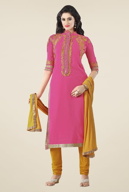 Triveni Magenta & Mustard Faux Georgette Dress Material Triveni Magenta & Mustard Faux Georgette Dress Material
