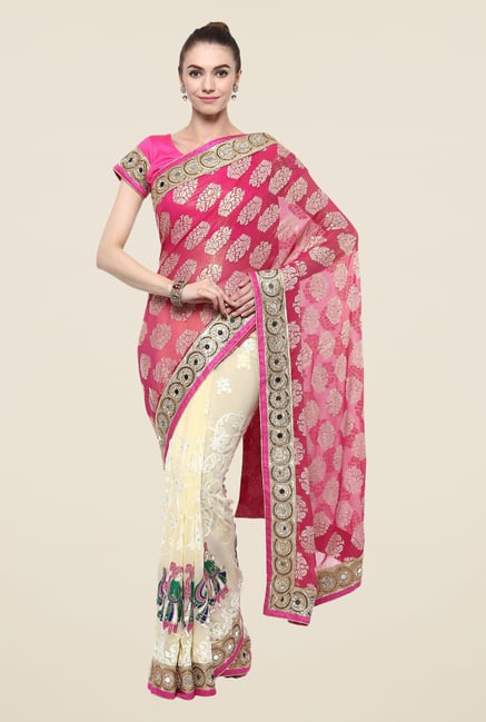 Triveni Cream Embroidered Georgette Jacquard Saree Triveni Cream Embroidered Georgette Jacquard Saree
