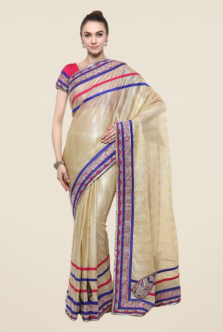 Triveni Beige Solid Lycra Saree Triveni Beige Solid Lycra Saree