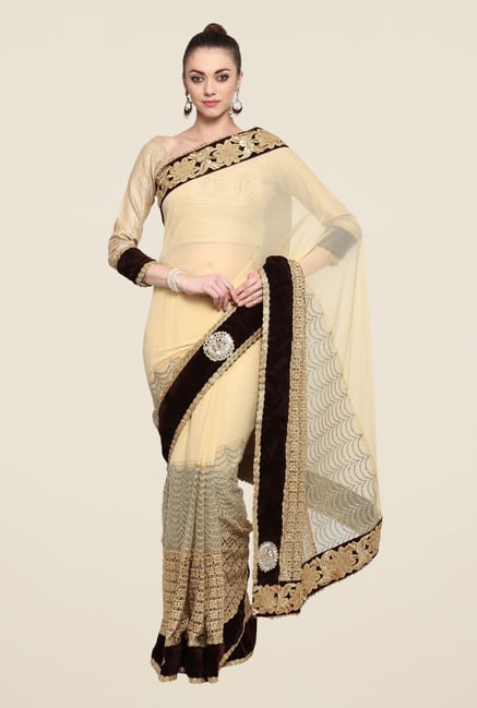 Triveni Beige Embroidered Faux Georgette Saree Triveni Beige Embroidered Faux Georgette Saree