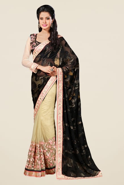 Triveni Beige Embroidered Brasso Net Saree Triveni Beige Embroidered Brasso Net Saree