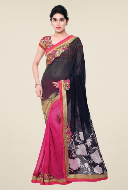 Triveni Pink & Black Printed Faux Georgette Saree Triveni Pink & Black Printed Faux Georgette Saree