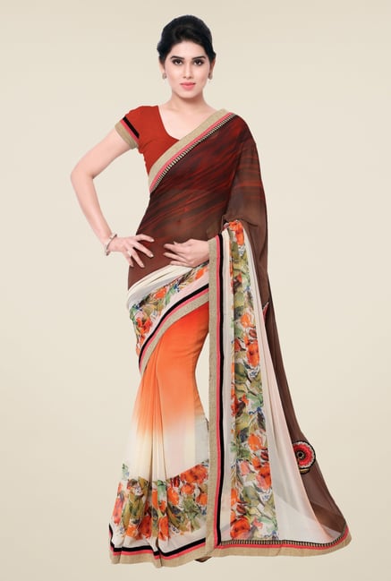 Triveni Orange Printed Faux Georgette Saree Triveni Orange Printed Faux Georgette Saree