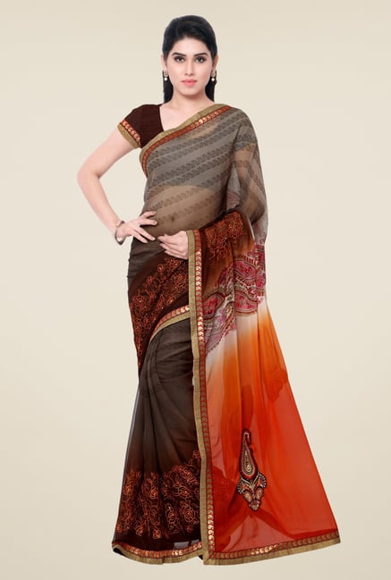 Triveni Brown Printed Chiffon Saree Triveni Brown Printed Chiffon Saree