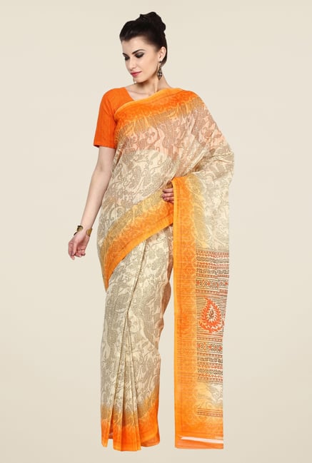 Triveni Beige Printed Free Size Dry Clean Saree Triveni Beige Printed Free Size Dry Clean Saree