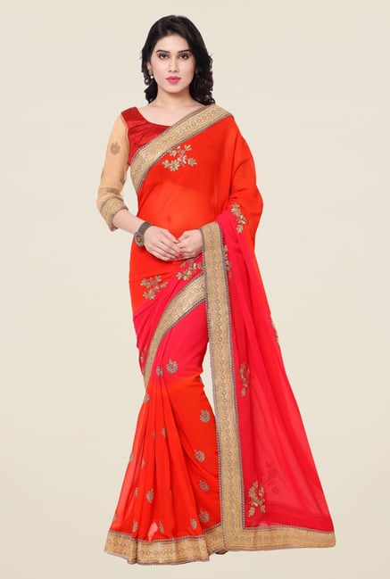 Triveni Orange Embroidered Faux Georgette Saree Triveni Orange Embroidered Faux Georgette Saree