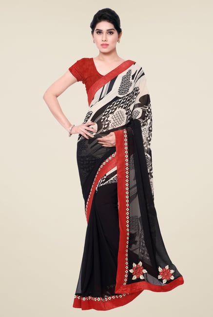 Triveni Black & Beige Printed Faux Georgette Saree Triveni Black & Beige Printed Faux Georgette Saree