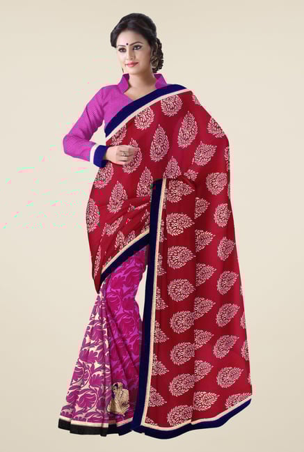 Triveni Pink & Maroon Printed Chiffon Saree Triveni Pink & Maroon Printed Chiffon Saree