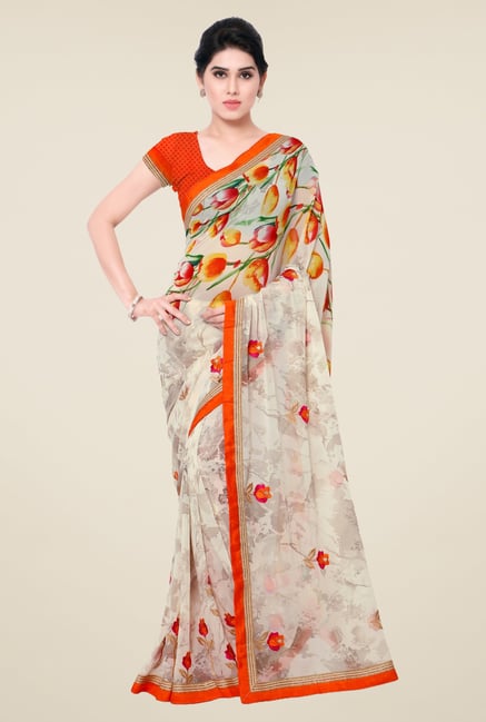 Triveni Off White Floral Faux Georgette Saree Triveni Off White Floral Faux Georgette Saree