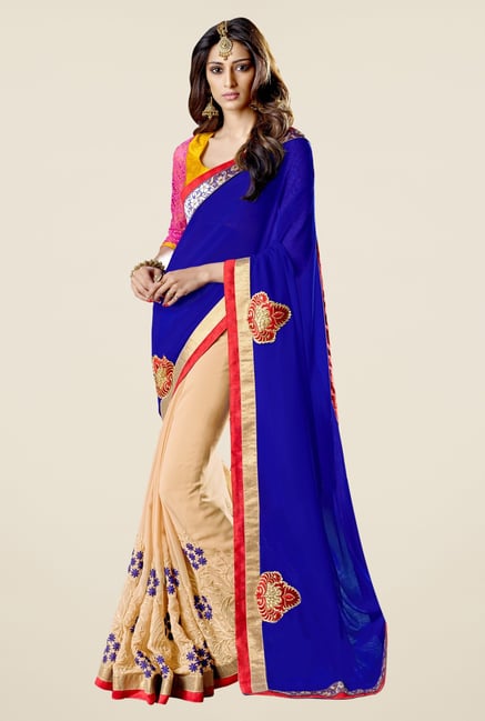 Triveni Beige Embroidered Faux Georgette Free Size Saree Triveni Beige Embroidered Faux Georgette Free Size Saree