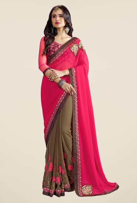 Triveni Brown Embroidered Faux Georgette Free Size Saree Triveni Brown Embroidered Faux Georgette Free Size Saree