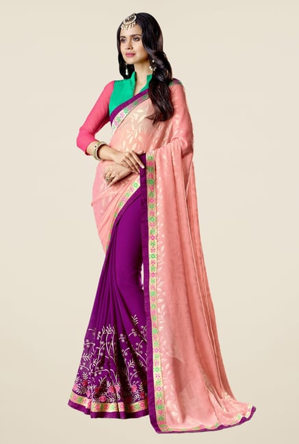 Triveni Purple Embroidered Faux Georgette Free Size Saree Triveni Purple Embroidered Faux Georgette Free Size Saree