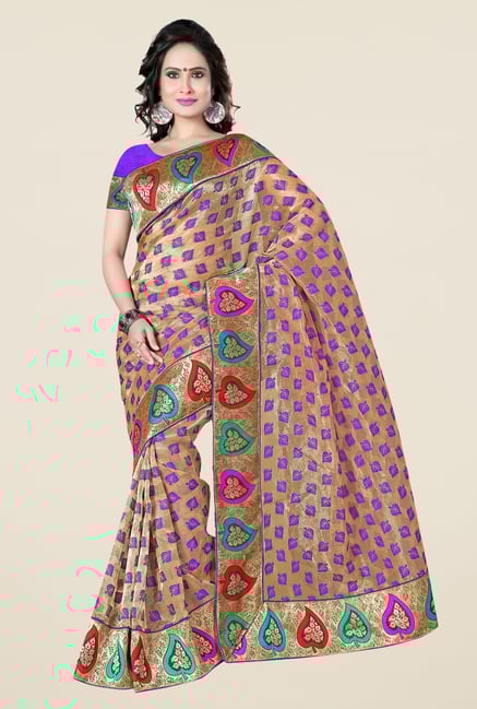 Triveni Beige Printed Supernet Jacquard Saree Triveni Beige Printed Supernet Jacquard Saree