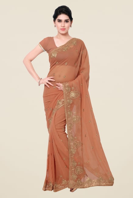 Triveni Peach Embroidered Faux Georgette Saree Triveni Peach Embroidered Faux Georgette Saree