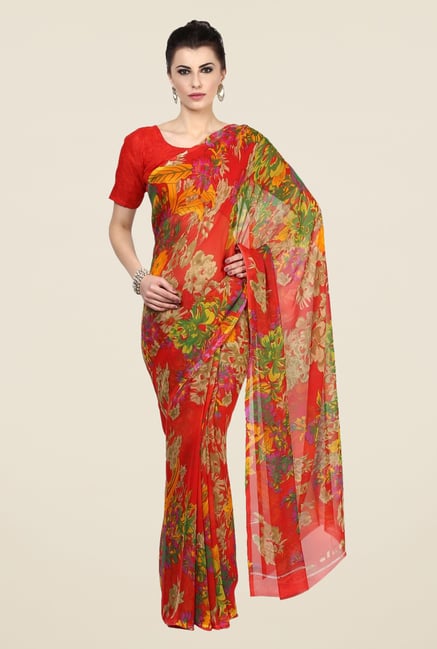 Triveni Red Floral Faux Georgette Saree Triveni Red Floral Faux Georgette Saree