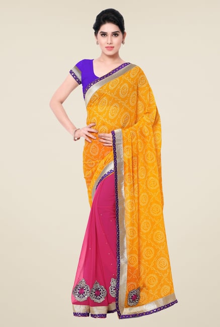 Triveni Pink & Yellow Printed Chiffon Saree Triveni Pink & Yellow Printed Chiffon Saree