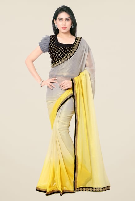 Triveni Grey & Yellow Solid Shimmer Chiffon Saree Triveni Grey & Yellow Solid Shimmer Chiffon Saree