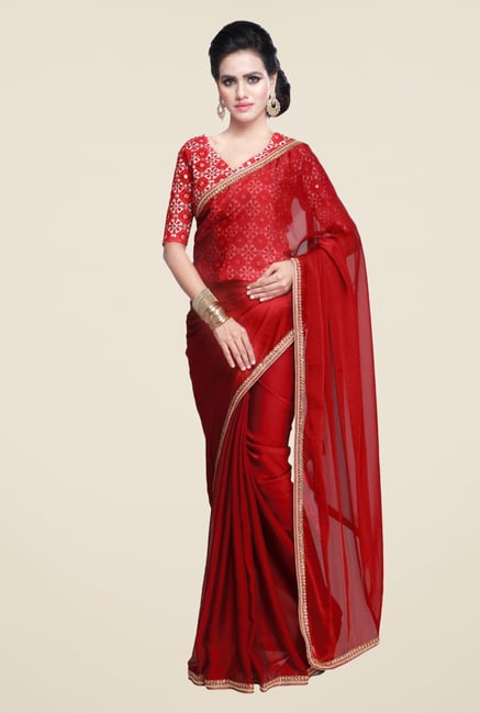 Triveni Maroon Solid Faux Georgette Saree Triveni Maroon Solid Faux Georgette Saree