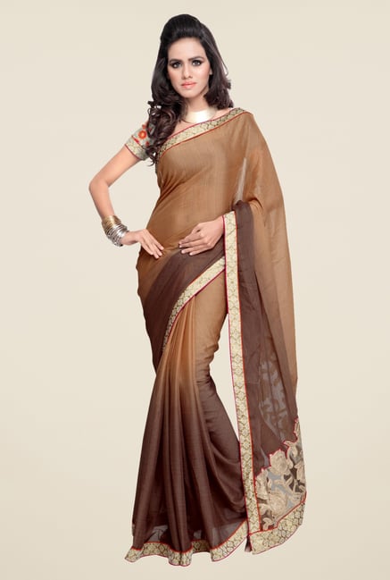 Triveni Beige & Brown Solid Faux Georgette Saree Triveni Beige & Brown Solid Faux Georgette Saree
