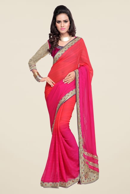 Triveni Pink & Coral Solid Chiffon Saree Triveni Pink & Coral Solid Chiffon Saree