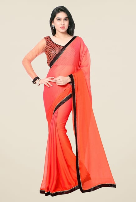 Triveni Coral Solid Chiffon Saree Triveni Coral Solid Chiffon Saree