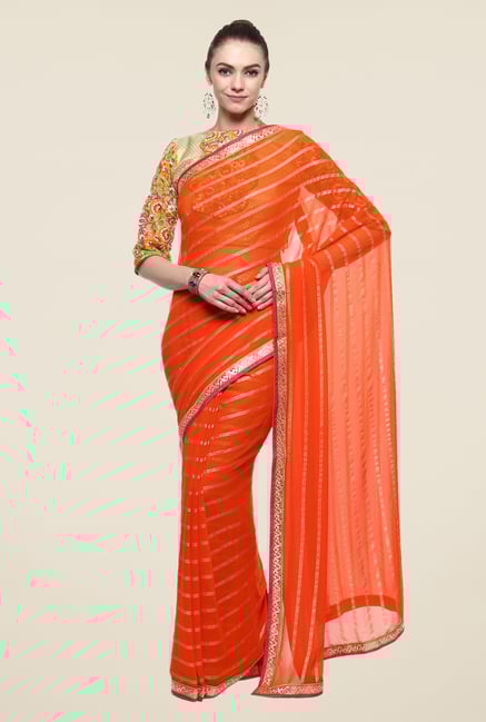 Triveni Orange Striped Faux Georgette Saree Triveni Orange Striped Faux Georgette Saree