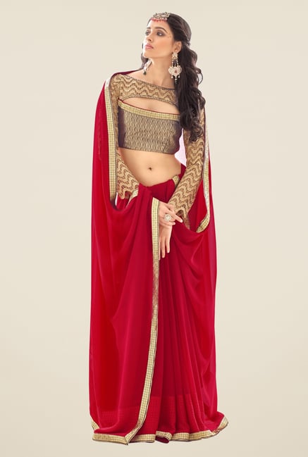 Triveni Red Solid Faux Georgette Saree Triveni Red Solid Faux Georgette Saree