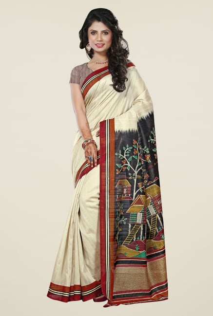 Triveni Cream Printed Art Silk Saree Triveni Cream Printed Art Silk Saree