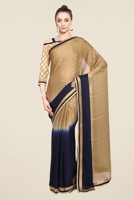 Triveni Beige & Navy Printed Georgette Jacquard Saree Triveni Beige & Navy Printed Georgette Jacquard Saree