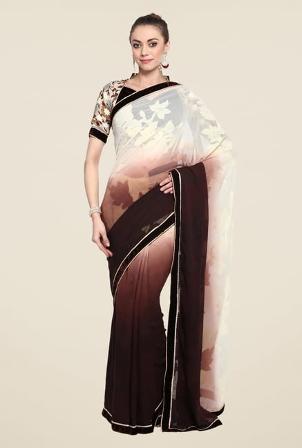 Triveni Brown & Off White Printed Georgette Jacquard Saree Triveni Brown & Off White Printed Georgette Jacquard Saree