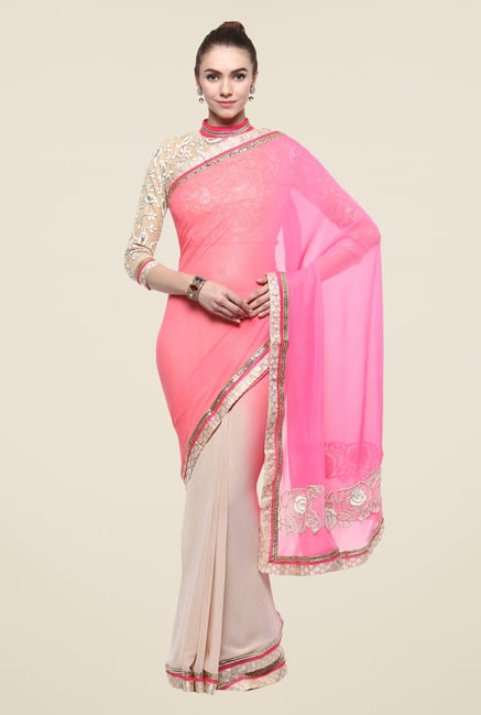 Triveni Beige & Pink Solid Georgette Shimmer Saree Triveni Beige & Pink Solid Georgette Shimmer Saree