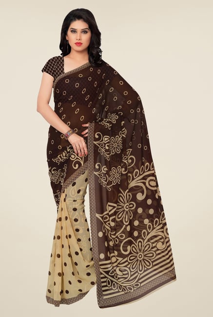 Triveni Beige & Brown Printed Faux Georgette Saree Triveni Beige & Brown Printed Faux Georgette Saree