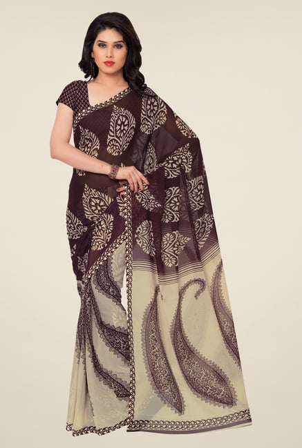 Triveni Maroon & Beige Paisley Faux Georgette Saree Triveni Maroon & Beige Paisley Faux Georgette Saree