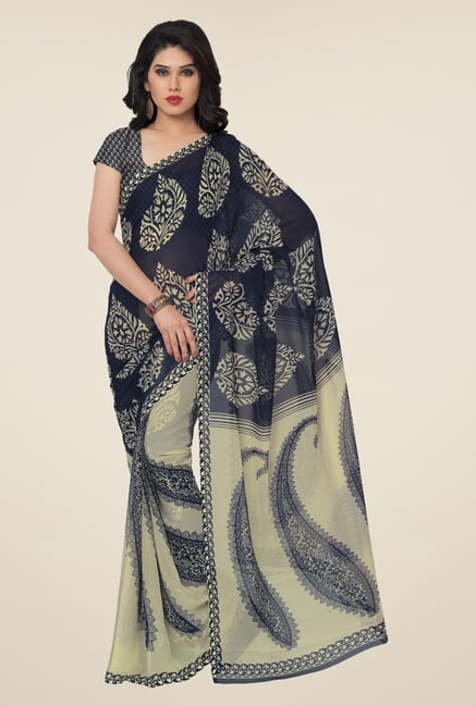 Triveni Navy & Beige Paisley Faux Georgette Saree Triveni Navy & Beige Paisley Faux Georgette Saree