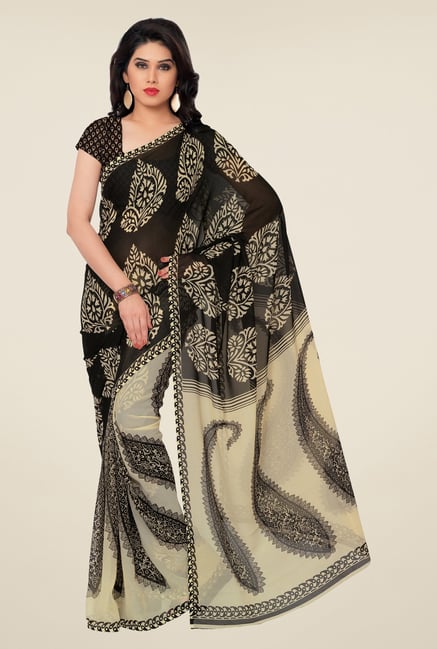 Triveni Black & Beige Paisley Faux Georgette Saree Triveni Black & Beige Paisley Faux Georgette Saree