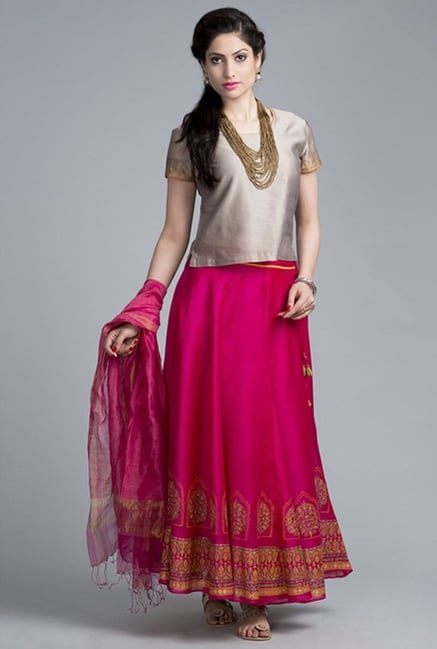 Fabindia Grey & Pink Printed Ghagara Set Fabindia Grey & Pink Printed Ghagara Set