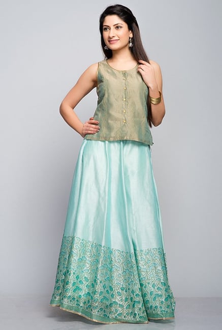 Fabindia Olive & Aqua Printed Ghagara Set Fabindia Olive & Aqua Printed Ghagara Set
