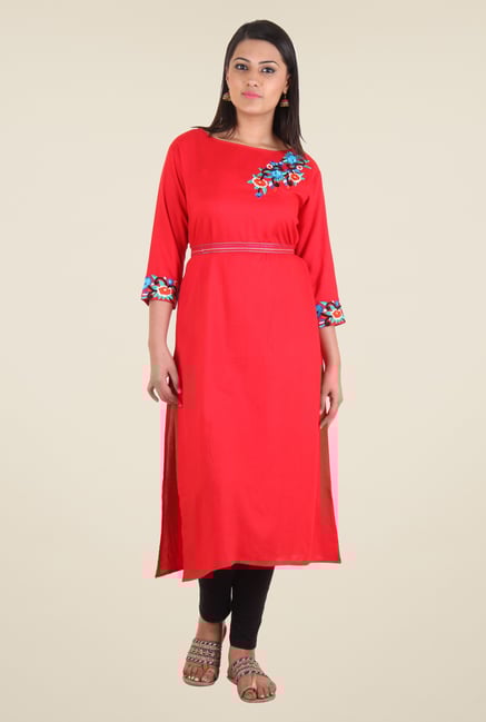 Shree Red Rayon Embroidered Kurta Shree Red Rayon Embroidered Kurta
